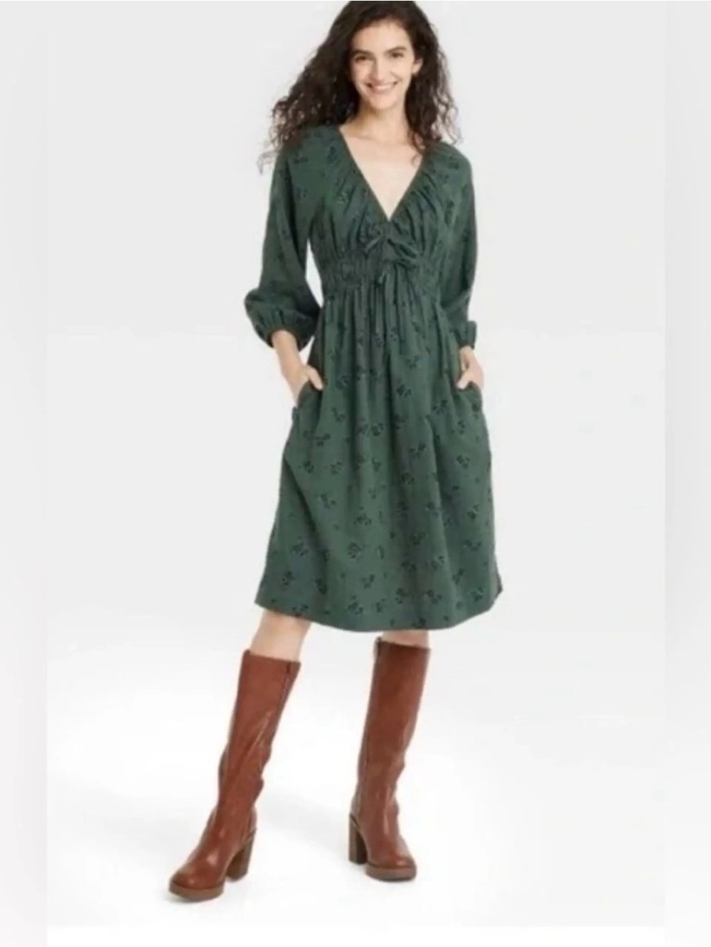 Universal Thread Green Floral Linen Blend Midi Dress XS New Cottagecore Fall